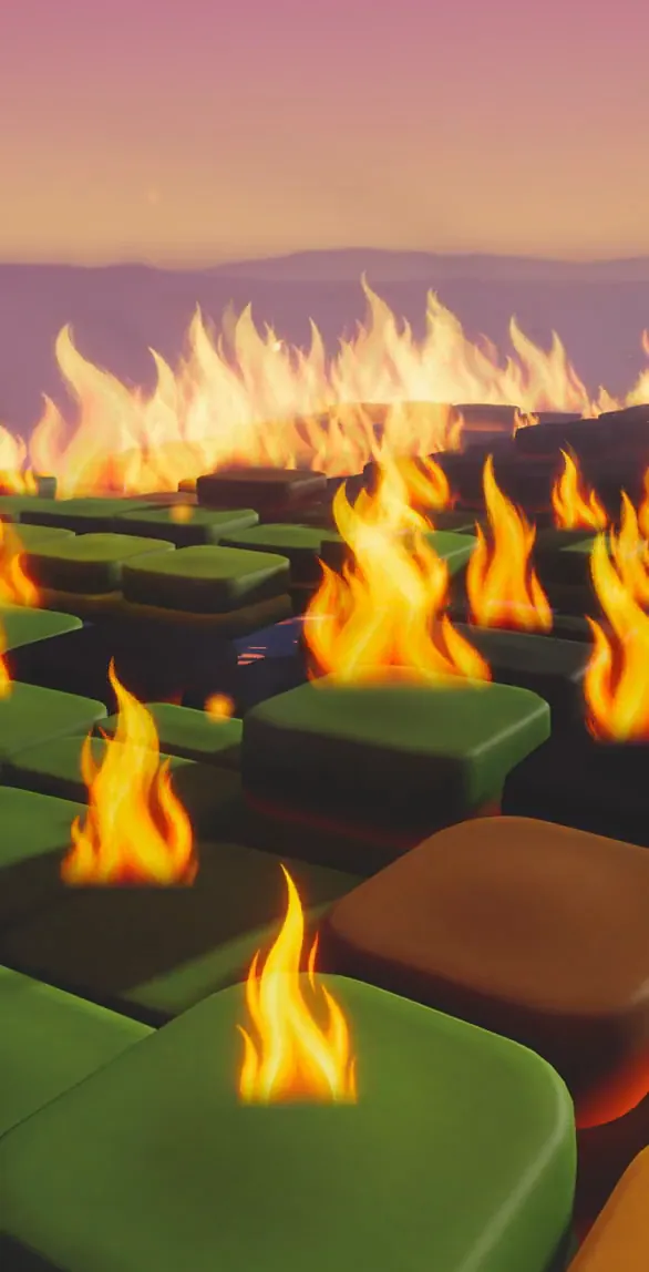 Flames running across the squares, a wall of fire on the far terraces