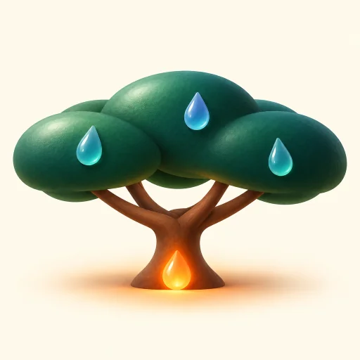 FIRE app icon: a rain tree with raindrops on its canopy and a small flame at its foot