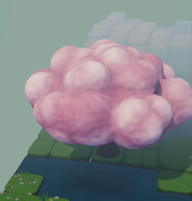 The rain tree in pink bloom above the water, from the game